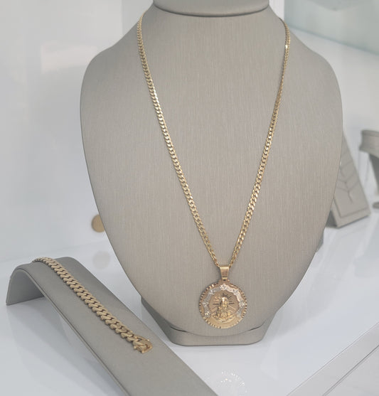 Cadena cortebrillo con medalla de la Virgen y pulsera. Oro 10k