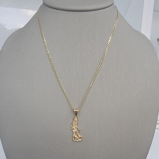 Cadena eslabon cortebrillo y dije de San Lazaro. Oro 14k.